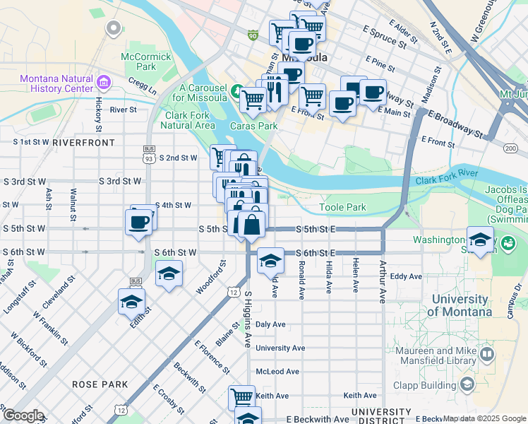 map of restaurants, bars, coffee shops, grocery stores, and more near 600 South Higgins Avenue in Missoula