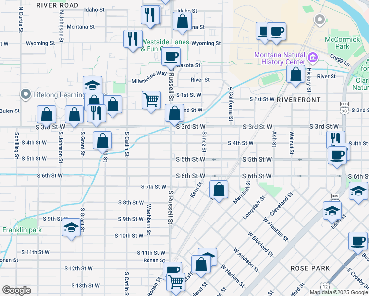 map of restaurants, bars, coffee shops, grocery stores, and more near 1420 South 4th Street West in Missoula