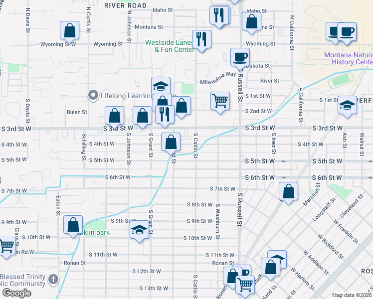 map of restaurants, bars, coffee shops, grocery stores, and more near 1701 South 4th Street West in Missoula