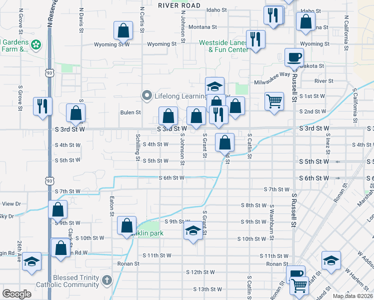 map of restaurants, bars, coffee shops, grocery stores, and more near 2002 South 4th Street West in Missoula