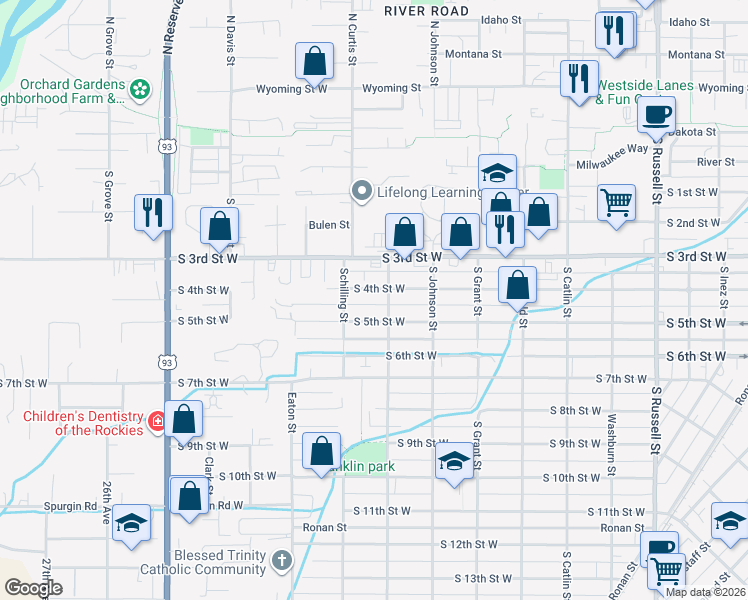 map of restaurants, bars, coffee shops, grocery stores, and more near 2037 South 4th Street West in Missoula