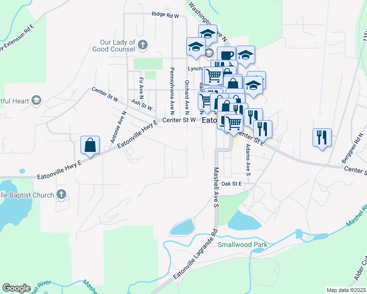 map of restaurants, bars, coffee shops, grocery stores, and more near 311 Larson Street East in Eatonville