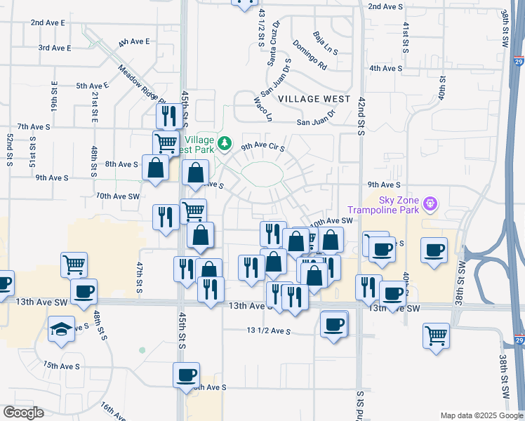 map of restaurants, bars, coffee shops, grocery stores, and more near 4313 9th Avenue South in Fargo