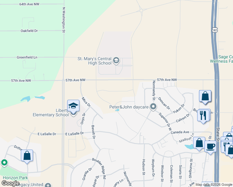 map of restaurants, bars, coffee shops, grocery stores, and more near 57th Avenue Northwest in Bismarck