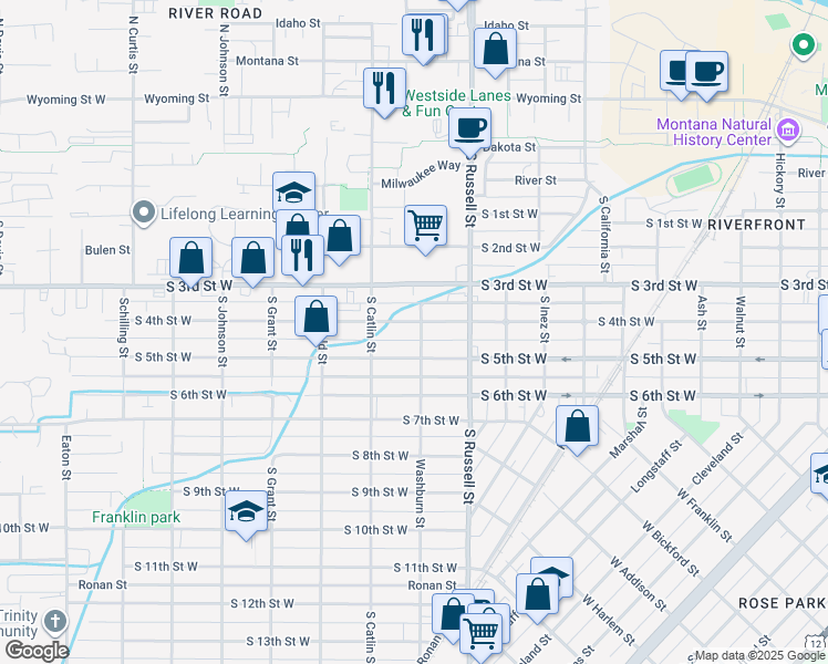 map of restaurants, bars, coffee shops, grocery stores, and more near 1605 South 4th Street West in Missoula