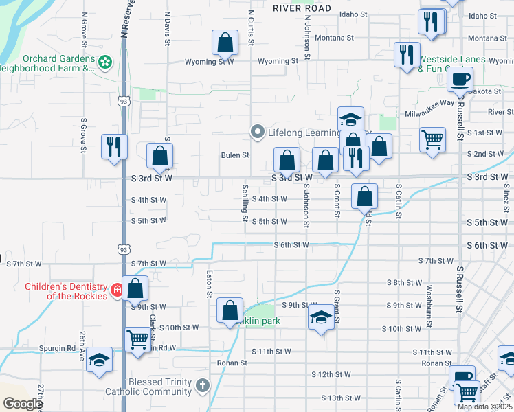 map of restaurants, bars, coffee shops, grocery stores, and more near 2131 South 4th Street West in Missoula