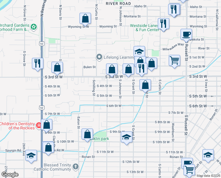 map of restaurants, bars, coffee shops, grocery stores, and more near 2037 South 4th Street West in Missoula