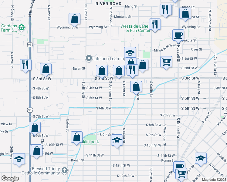 map of restaurants, bars, coffee shops, grocery stores, and more near 2002 South 4th Street West in Missoula