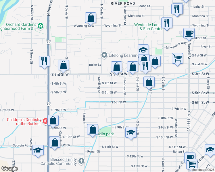 map of restaurants, bars, coffee shops, grocery stores, and more near 2037 South 4th Street West in Missoula