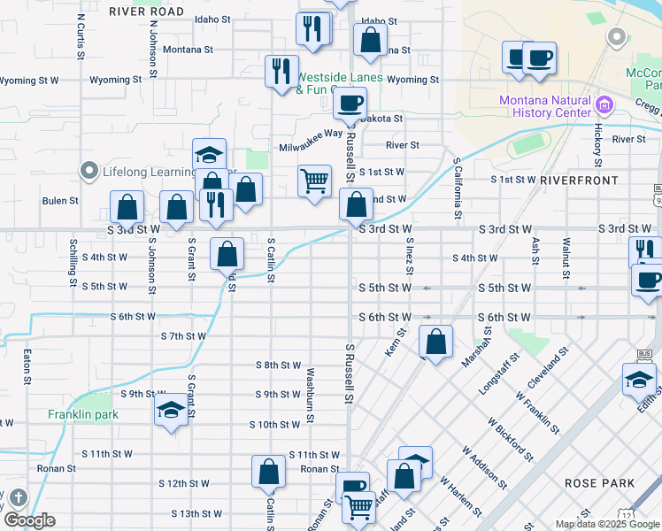 map of restaurants, bars, coffee shops, grocery stores, and more near 1527 South 4th Street West in Missoula