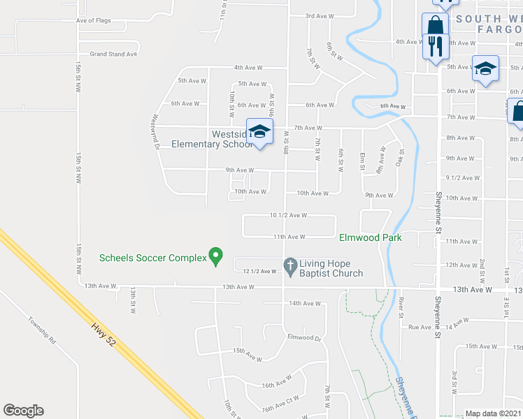 map of restaurants, bars, coffee shops, grocery stores, and more near 832 10 1/2 Avenue West in West Fargo
