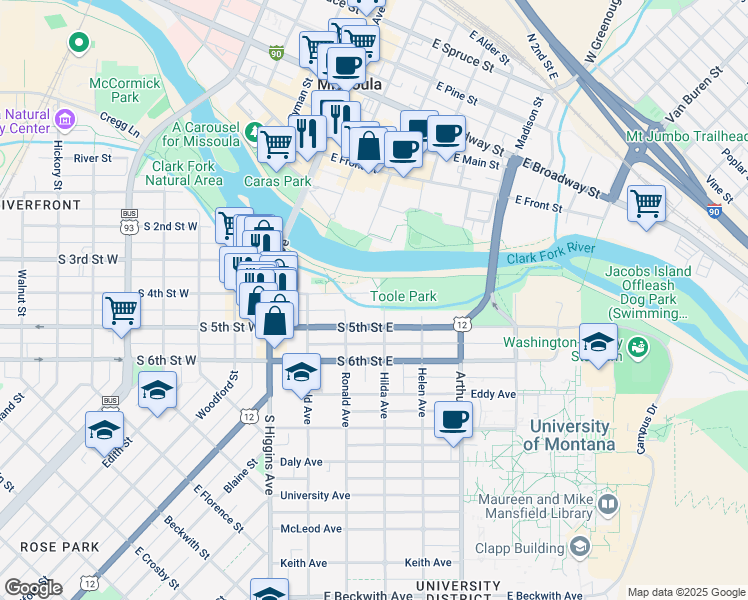 map of restaurants, bars, coffee shops, grocery stores, and more near 315 South 4th Street East in Missoula