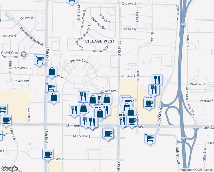 map of restaurants, bars, coffee shops, grocery stores, and more near 4219 10th Avenue Southwest in Fargo