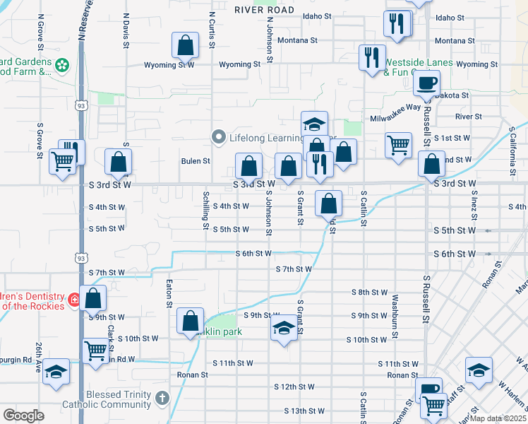 map of restaurants, bars, coffee shops, grocery stores, and more near 2003 South 4th Street West in Missoula
