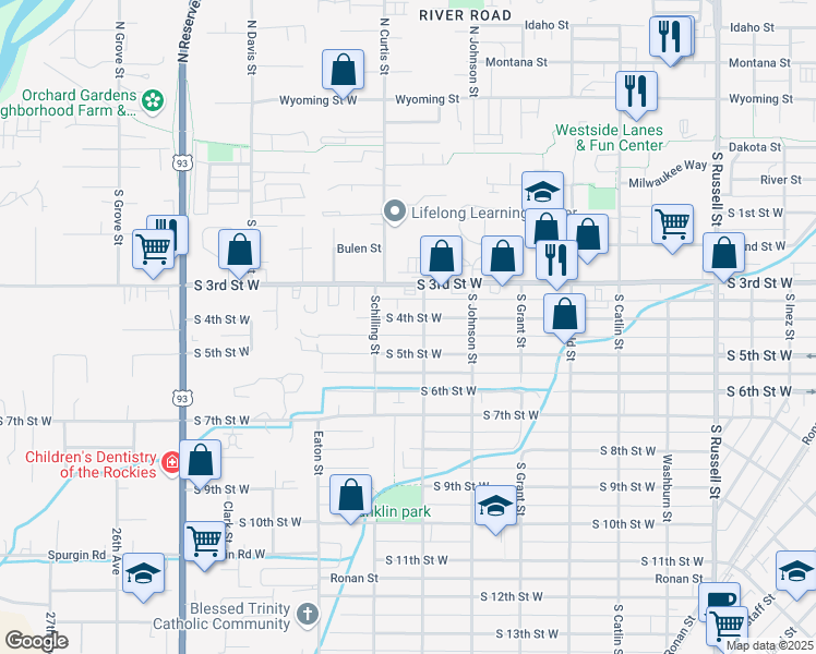 map of restaurants, bars, coffee shops, grocery stores, and more near 2037 South 4th Street West in Missoula