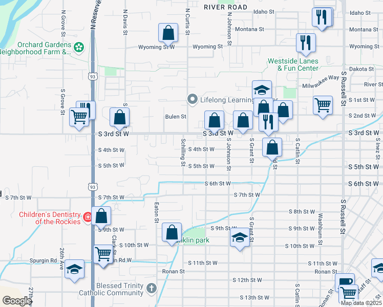 map of restaurants, bars, coffee shops, grocery stores, and more near 2139 South 4th Street West in Missoula