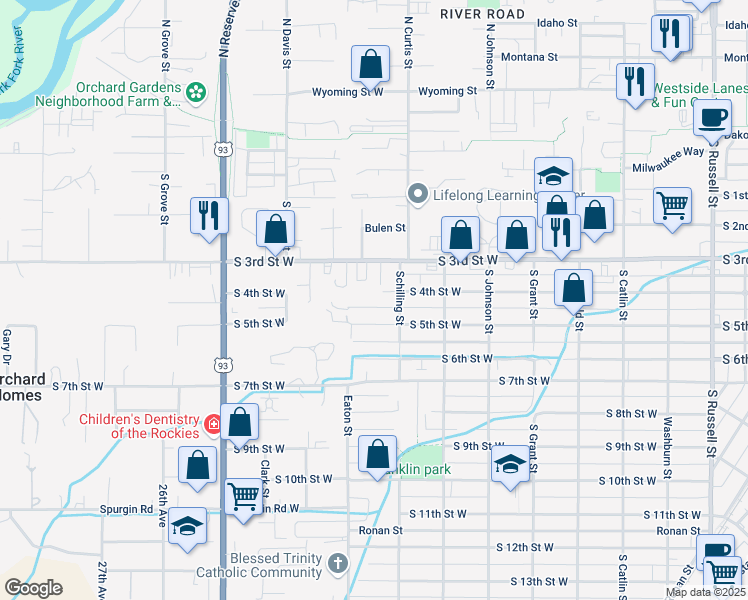 map of restaurants, bars, coffee shops, grocery stores, and more near 2200 South 5th Street West in Missoula