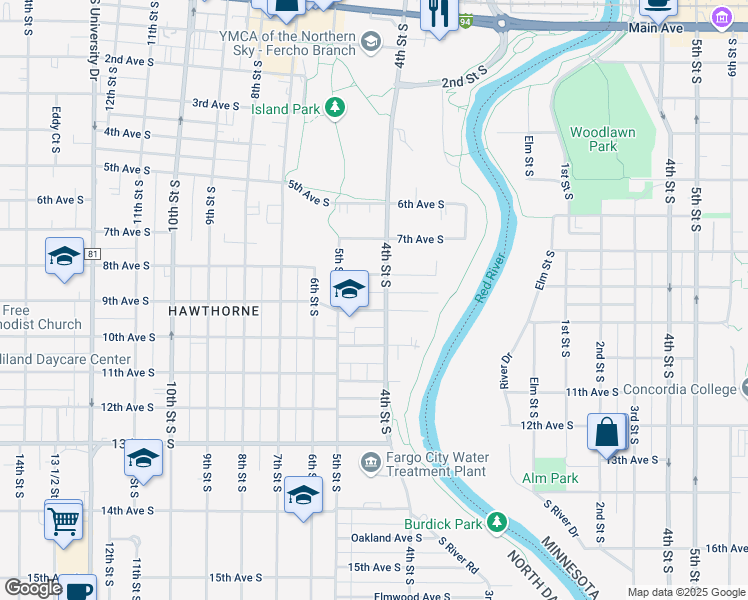 map of restaurants, bars, coffee shops, grocery stores, and more near 898 4th Street South in Fargo