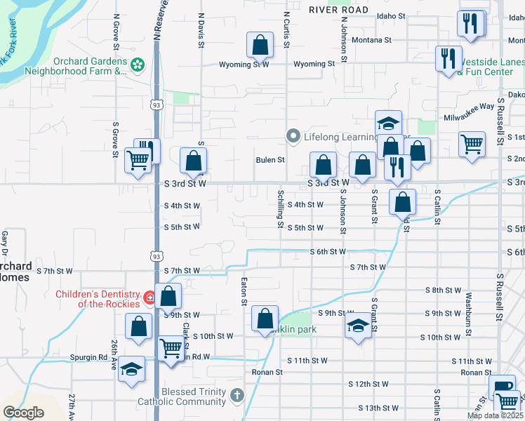 map of restaurants, bars, coffee shops, grocery stores, and more near 2200 South 5th Street West in Missoula