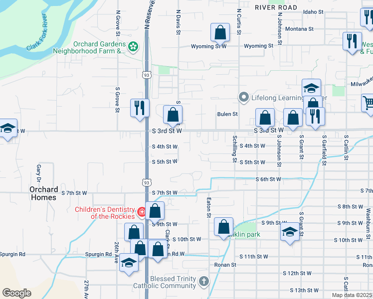 map of restaurants, bars, coffee shops, grocery stores, and more near 2335 South 3rd Street West in Missoula