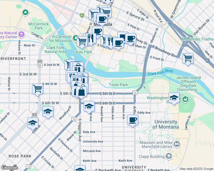 map of restaurants, bars, coffee shops, grocery stores, and more near 305 South 4th Street East in Missoula