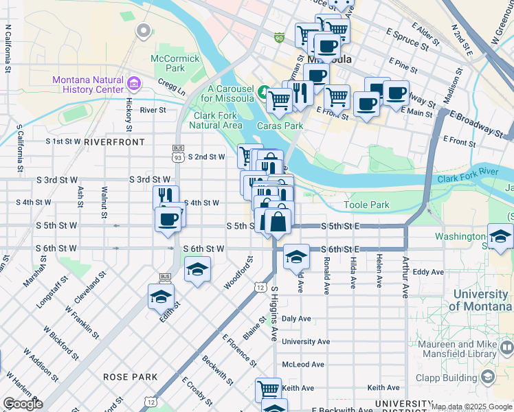 map of restaurants, bars, coffee shops, grocery stores, and more near 127 South 4th Street West in Missoula