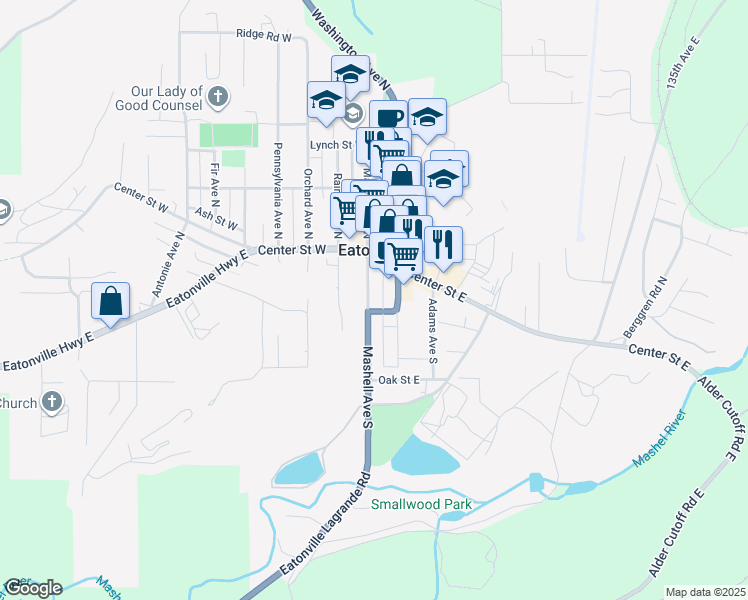map of restaurants, bars, coffee shops, grocery stores, and more near 135 Mashell Avenue South in Eatonville