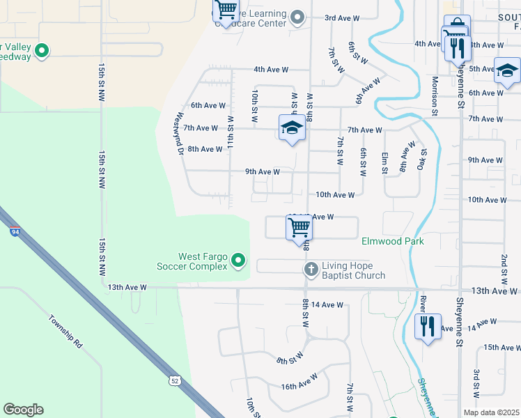 map of restaurants, bars, coffee shops, grocery stores, and more near 1002 9th Street West in West Fargo