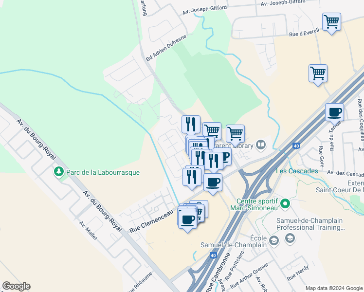 map of restaurants, bars, coffee shops, grocery stores, and more near 3455 Boulevard Albert Chrétien in Québec