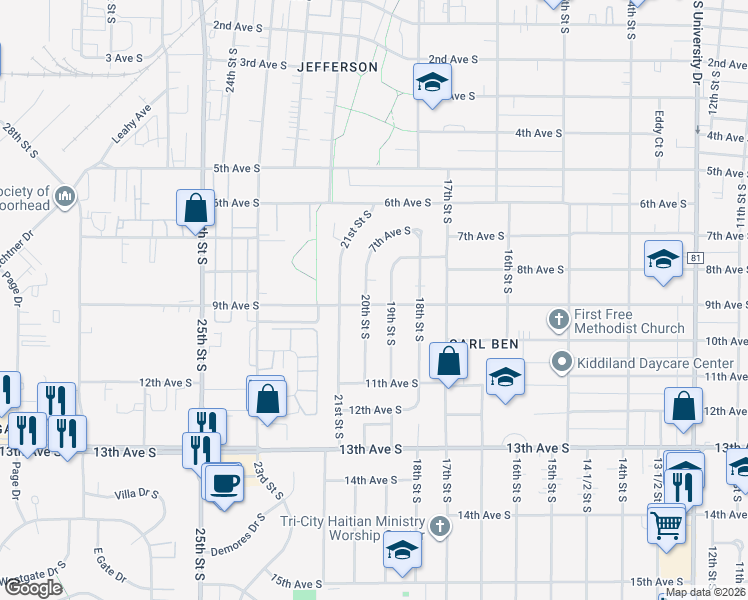 map of restaurants, bars, coffee shops, grocery stores, and more near 1909 9th Avenue South in Fargo