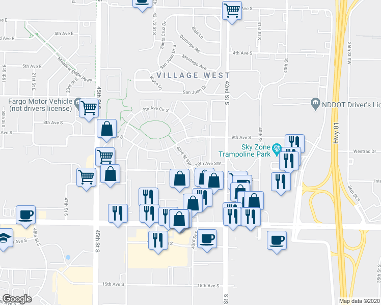 map of restaurants, bars, coffee shops, grocery stores, and more near 4230 9th Avenue South in Fargo