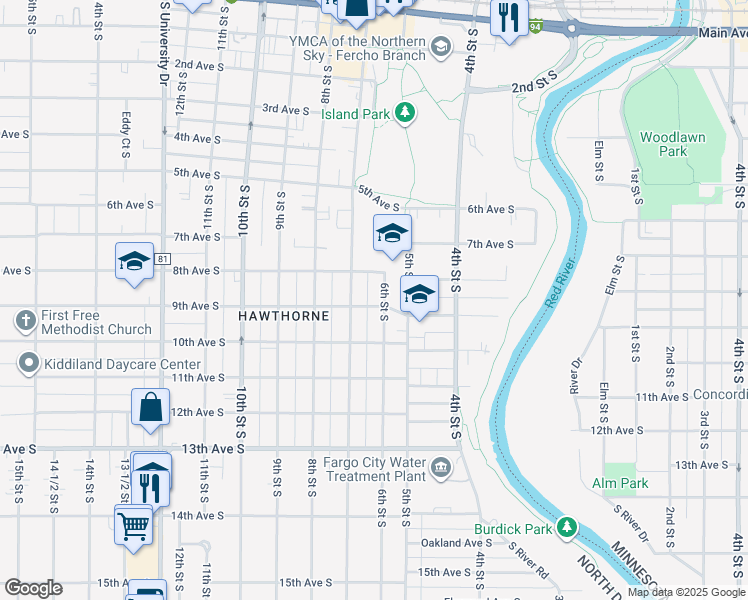 map of restaurants, bars, coffee shops, grocery stores, and more near 607 9th Avenue South in Fargo