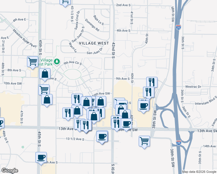 map of restaurants, bars, coffee shops, grocery stores, and more near 901 42nd Street South in Fargo