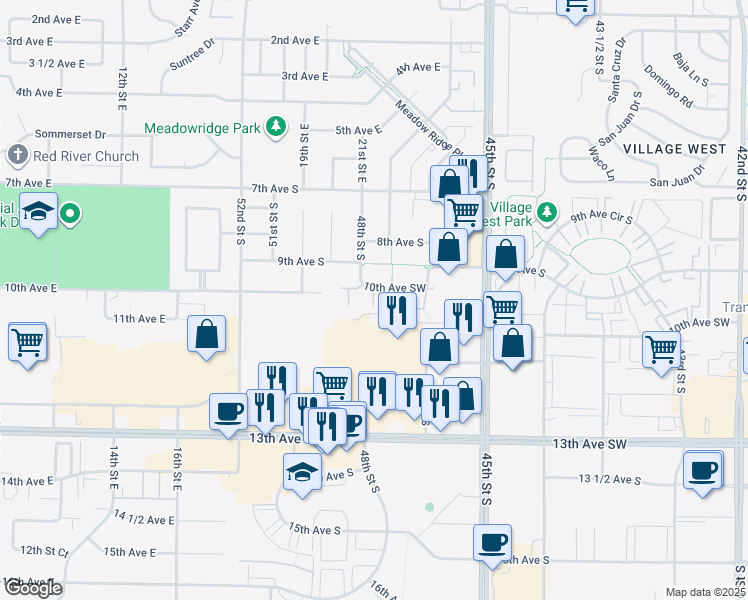 map of restaurants, bars, coffee shops, grocery stores, and more near 4770 10th Avenue Southwest in Fargo