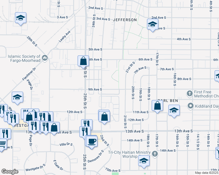 map of restaurants, bars, coffee shops, grocery stores, and more near 2201 9th Avenue South in Fargo