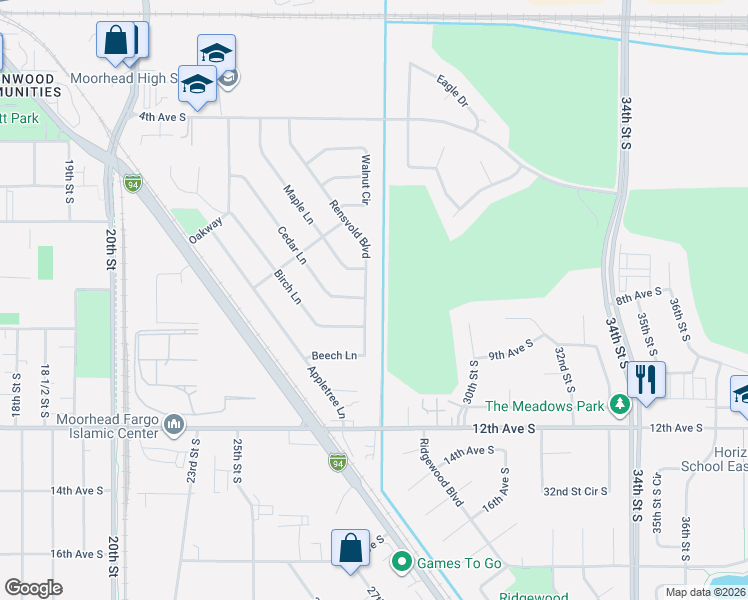 map of restaurants, bars, coffee shops, grocery stores, and more near 718 Rensvold Boulevard in Moorhead