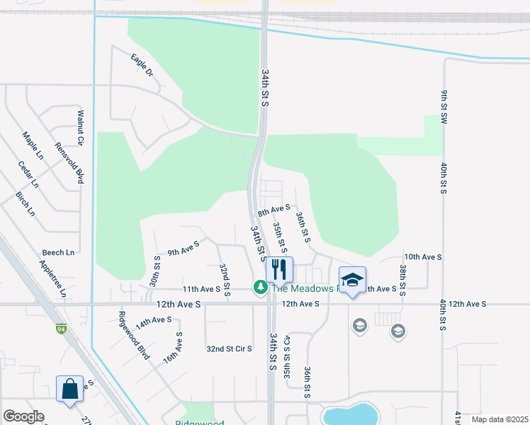 map of restaurants, bars, coffee shops, grocery stores, and more near 801 35th Street South in Moorhead