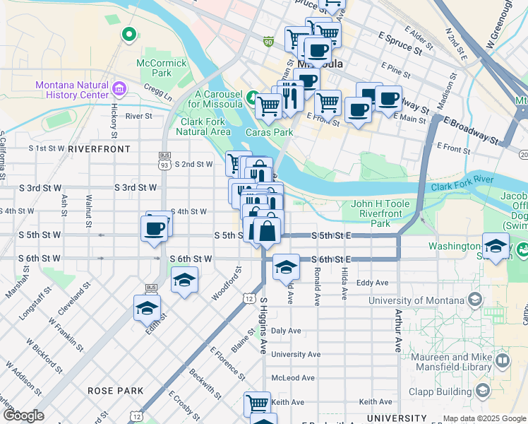 map of restaurants, bars, coffee shops, grocery stores, and more near 125 South 4th Street East in Missoula