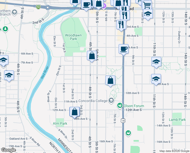 map of restaurants, bars, coffee shops, grocery stores, and more near 801 5th Street South in Moorhead