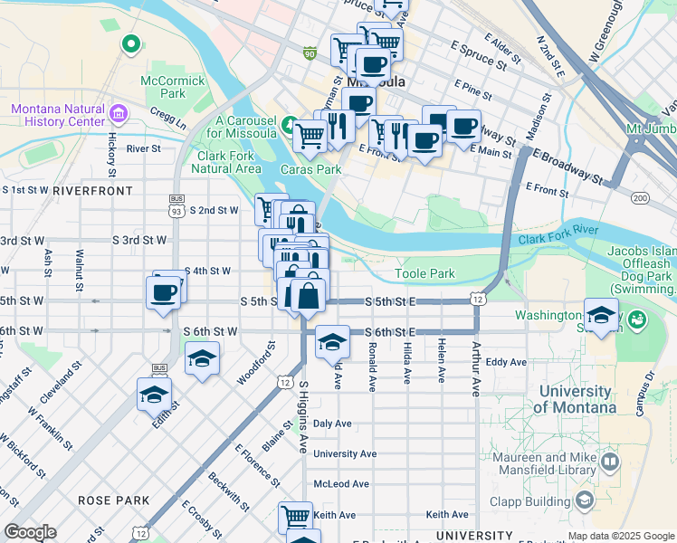 map of restaurants, bars, coffee shops, grocery stores, and more near 200 South 4th Street East in Missoula