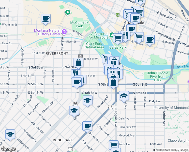 map of restaurants, bars, coffee shops, grocery stores, and more near 315 South 4th Street West in Missoula