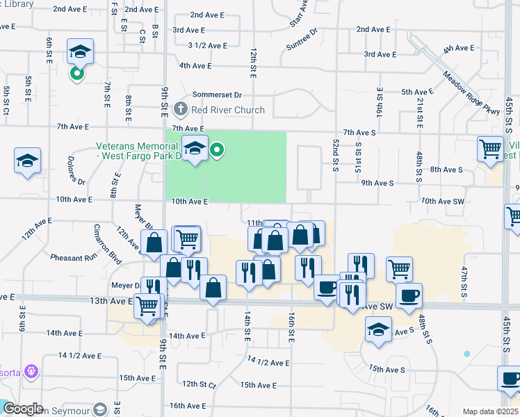 map of restaurants, bars, coffee shops, grocery stores, and more near 1513 10th Avenue East in West Fargo
