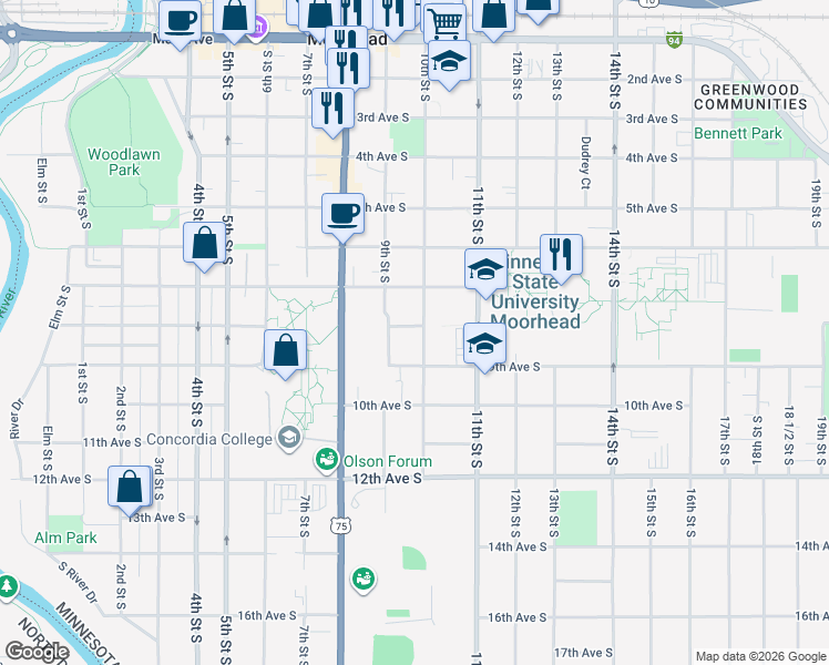map of restaurants, bars, coffee shops, grocery stores, and more near 803 10th Street South in Moorhead