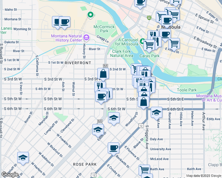 map of restaurants, bars, coffee shops, grocery stores, and more near in Missoula