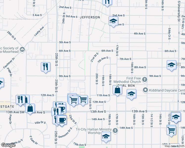 map of restaurants, bars, coffee shops, grocery stores, and more near 2001 9th Avenue South in Fargo