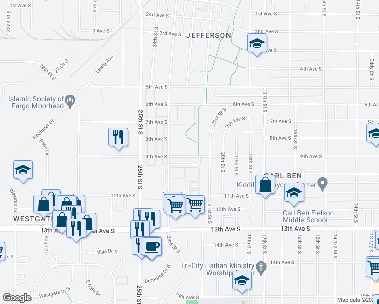 map of restaurants, bars, coffee shops, grocery stores, and more near 2201 9th Avenue South in Fargo