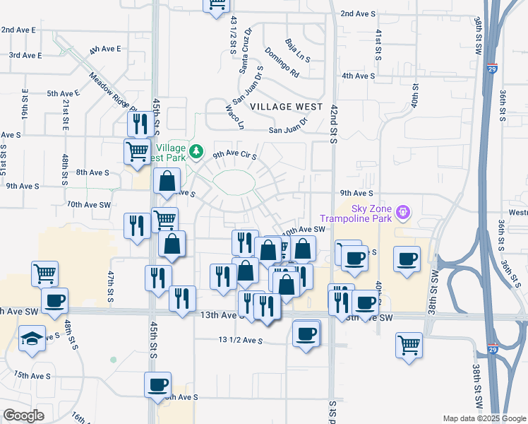 map of restaurants, bars, coffee shops, grocery stores, and more near 903 43rd Street Southwest in Fargo