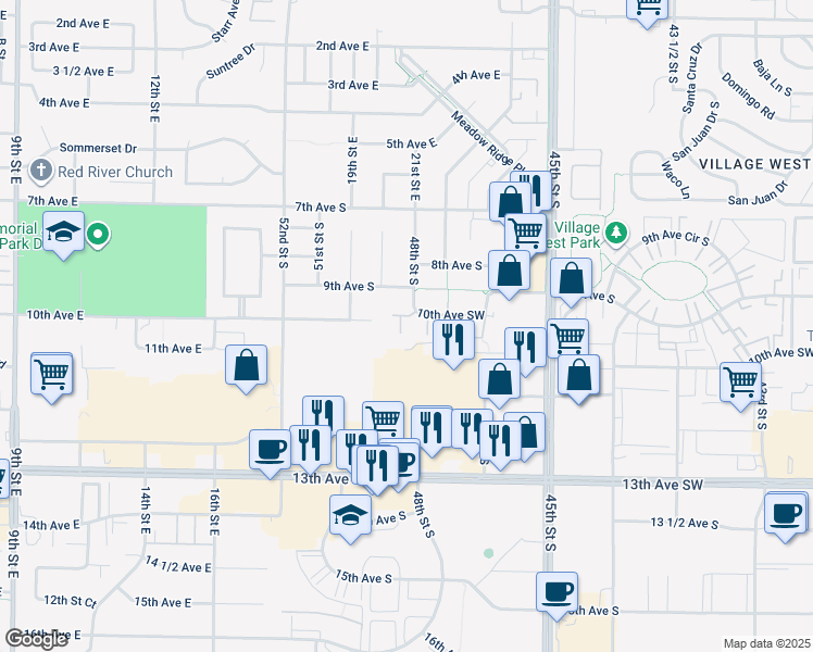 map of restaurants, bars, coffee shops, grocery stores, and more near 4770 10th Avenue Southwest in Fargo