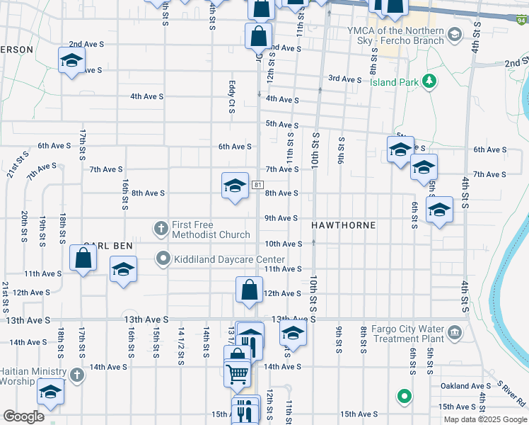 map of restaurants, bars, coffee shops, grocery stores, and more near 1127 9th Avenue South in Fargo