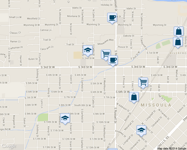 map of restaurants, bars, coffee shops, grocery stores, and more near S 4th Street West & South Catlin Street in Missoula